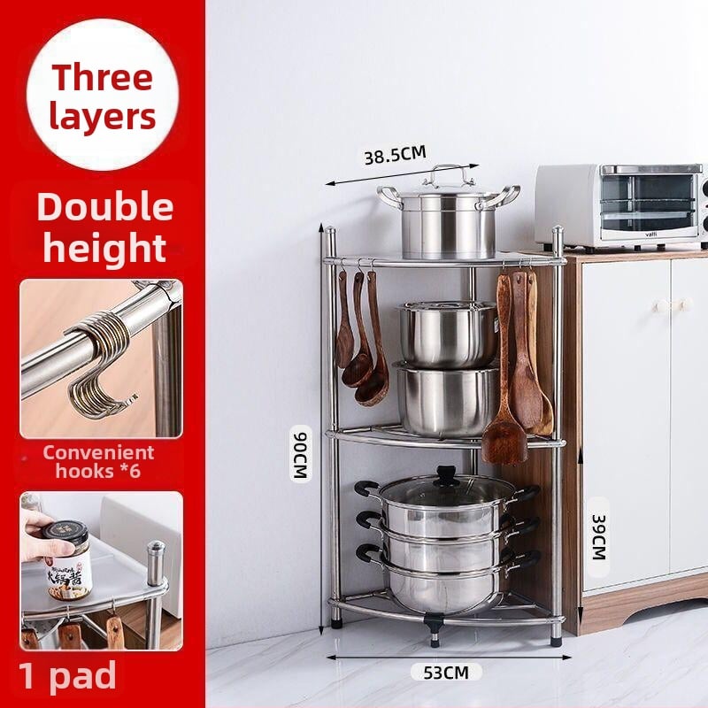 Podni kuhinjski ormarić od nehrđajućeg čelika s kvadratnim policama i kutom u obliku ventilatora