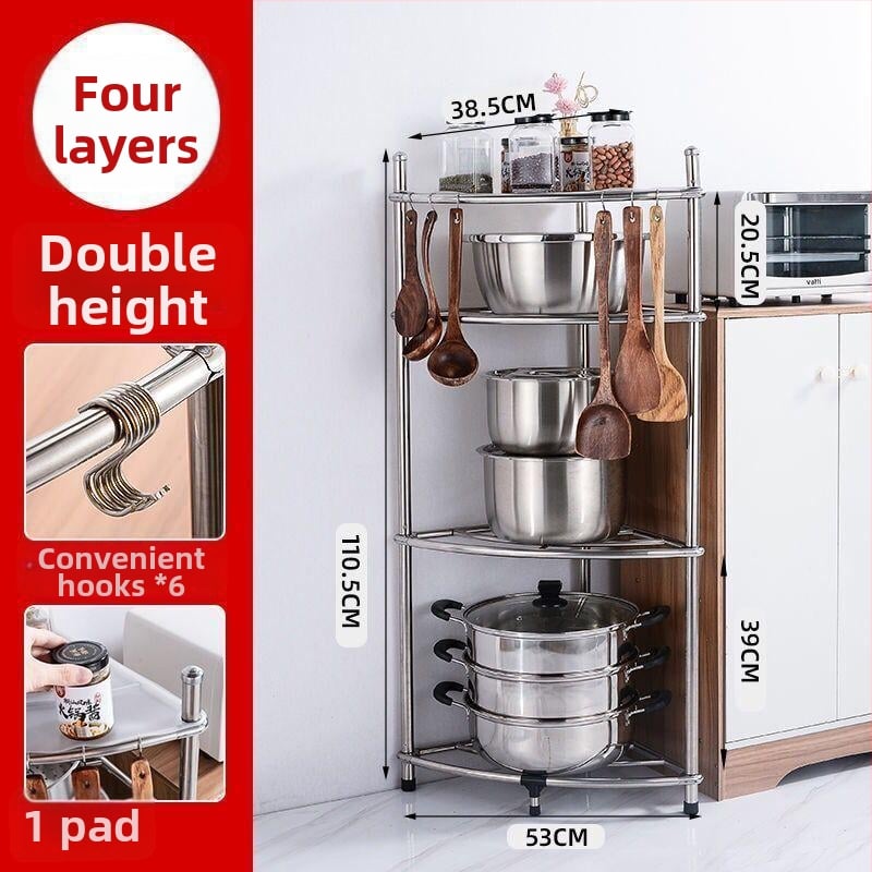 Podni kuhinjski ormarić od nehrđajućeg čelika s kvadratnim policama i kutom u obliku ventilatora