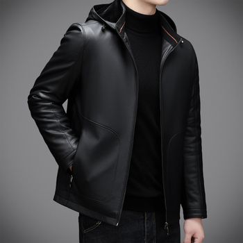 Muška kožna jakna od ovčje kože s kapuljačom, podstavljena perjem i flisom – zima 2025