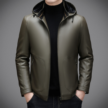 Muška kožna jakna od ovčje kože s kapuljačom, podstavljena perjem i flisom – zima 2025