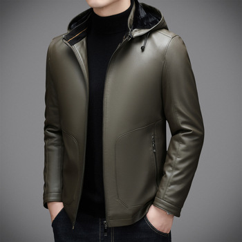 Muška kožna jakna od ovčje kože s kapuljačom, podstavljena perjem i flisom – zima 2025