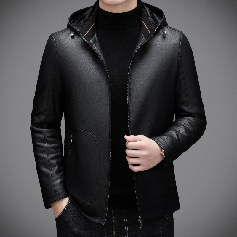 Muška kožna jakna od ovčje kože s kapuljačom, podstavljena perjem i flisom – zima 2025