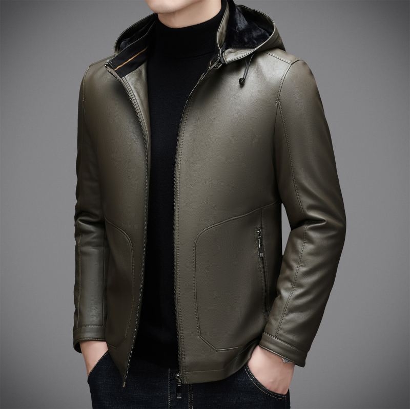 Muška kožna jakna od ovčje kože s kapuljačom, podstavljena perjem i flisom – zima 2025