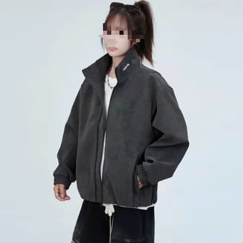 Mat PU kožna jakna s fleece podstavom, stojeći ovratnik, zatvarač, slobodan kroj