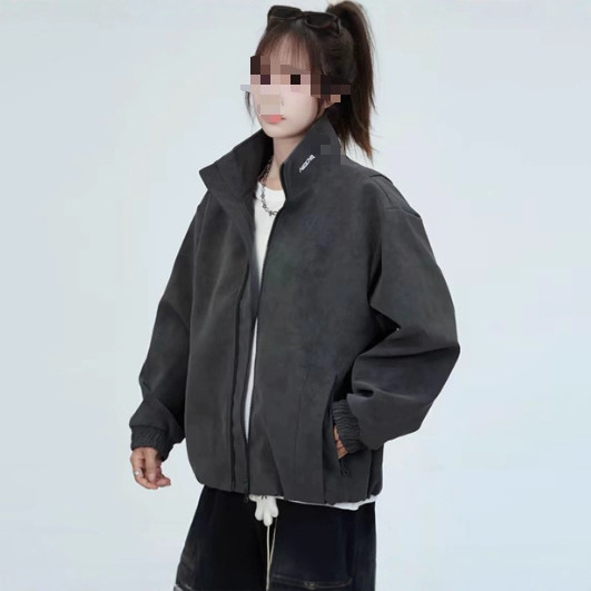 Mat PU kožna jakna s fleece podstavom, stojeći ovratnik, zatvarač, slobodan kroj