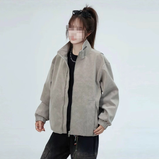 Mat PU kožna jakna s fleece podstavom, stojeći ovratnik, zatvarač, slobodan kroj
