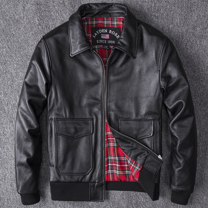 Muška kožna jakna od prave teleće kože, kratka, uski kroj, bikerski stil, ovratnik s reverom, zatvarač, pilotska jakna