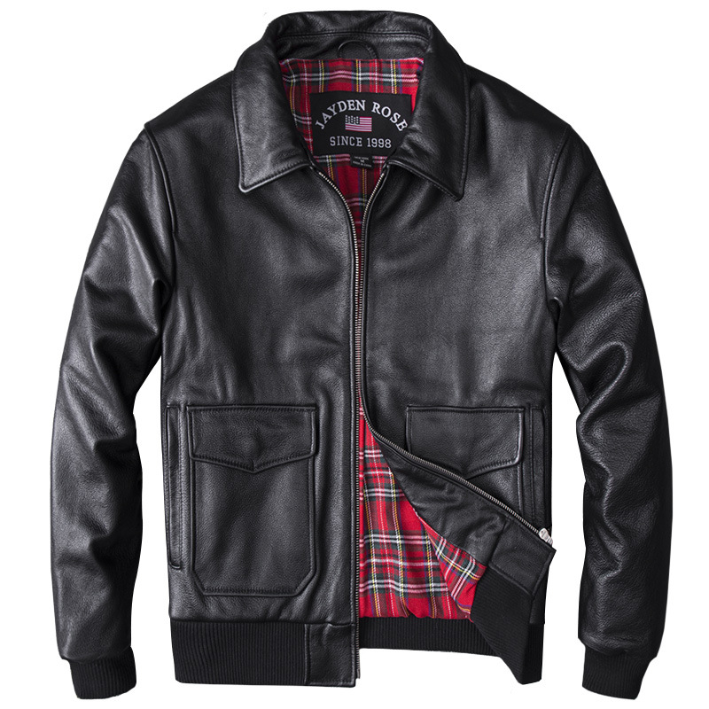 Muška kožna jakna od prave teleće kože, kratka, uski kroj, bikerski stil, ovratnik s reverom, zatvarač, pilotska jakna
