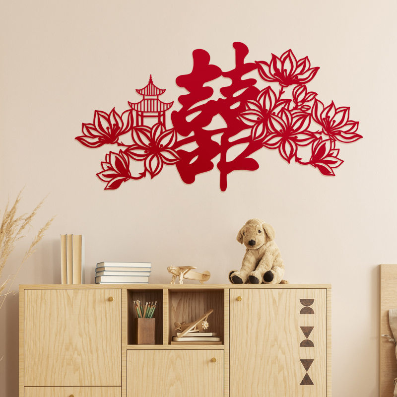Vjenčana naljepnica za vrata – Simbol sreće (Double Happiness) i koi riba, netkani materijal, montaža bez bušenja, za dnevni boravak i spavaću sobu