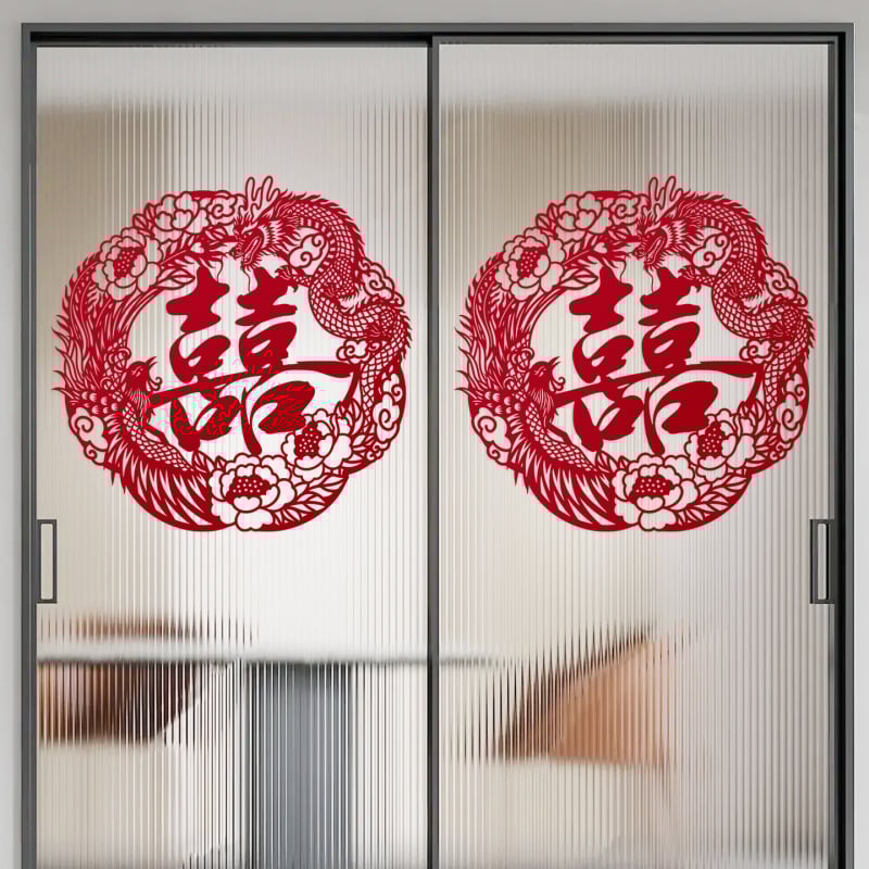 Vjenčana naljepnica za vrata – Simbol sreće (Double Happiness) i koi riba, netkani materijal, montaža bez bušenja, za dnevni boravak i spavaću sobu