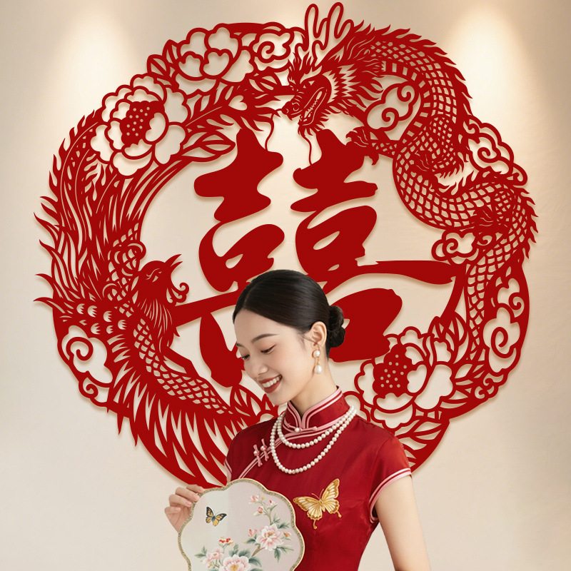 Vjenčana naljepnica za vrata – Simbol sreće (Double Happiness) i koi riba, netkani materijal, montaža bez bušenja, za dnevni boravak i spavaću sobu