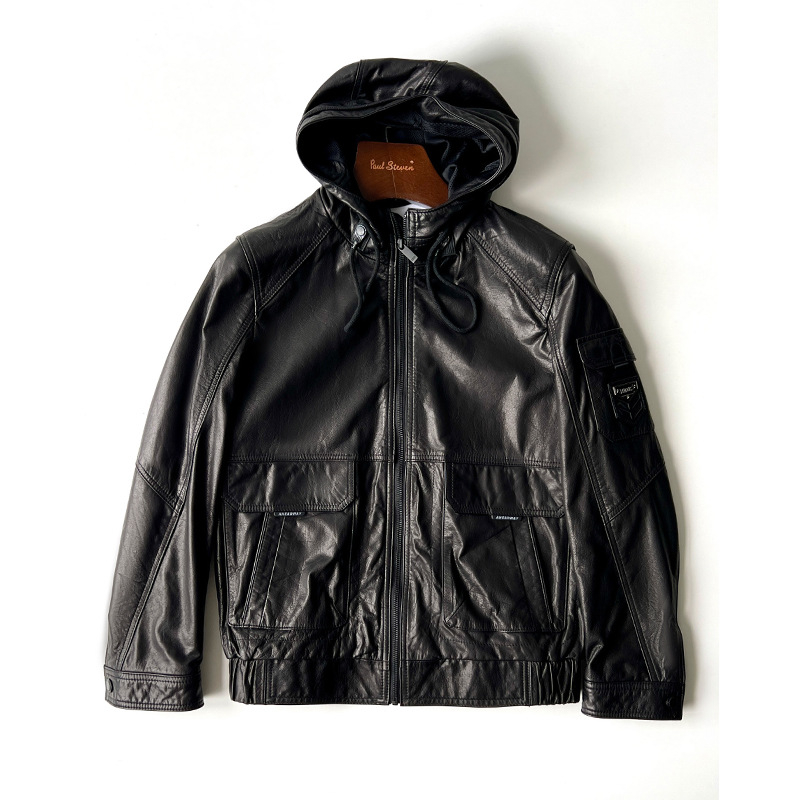 Férfi kapucnis tehénbőrkabát, laza szabás, cipzáras záródás, normál hosszúság, hétköznapi stílus