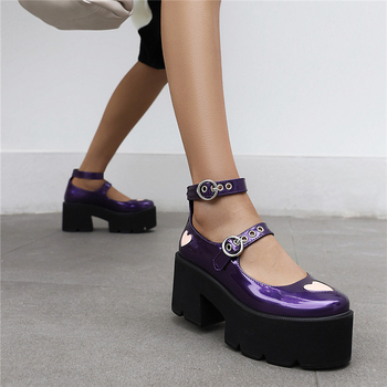 Platform Mary Jane cipele s uzorkom srca, zaobljeni nos, PU gornji dio, 6-8 cm peta