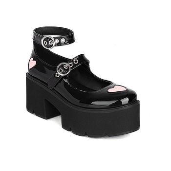 Platform Mary Jane cipele s uzorkom srca, zaobljeni nos, PU gornji dio, 6-8 cm peta
