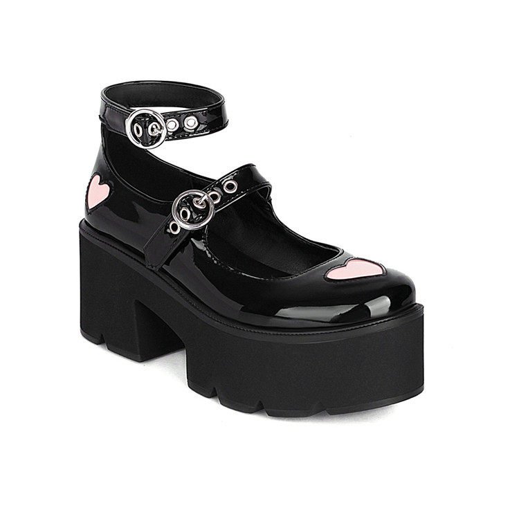 Platform Mary Jane cipele s uzorkom srca, zaobljeni nos, PU gornji dio, 6-8 cm peta