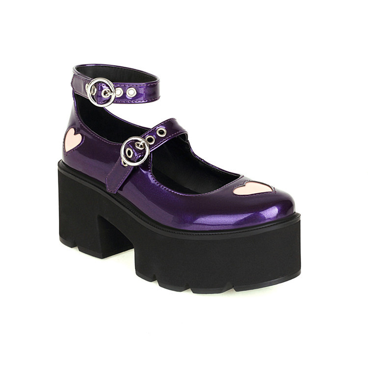 Platform Mary Jane cipele s uzorkom srca, zaobljeni nos, PU gornji dio, 6-8 cm peta