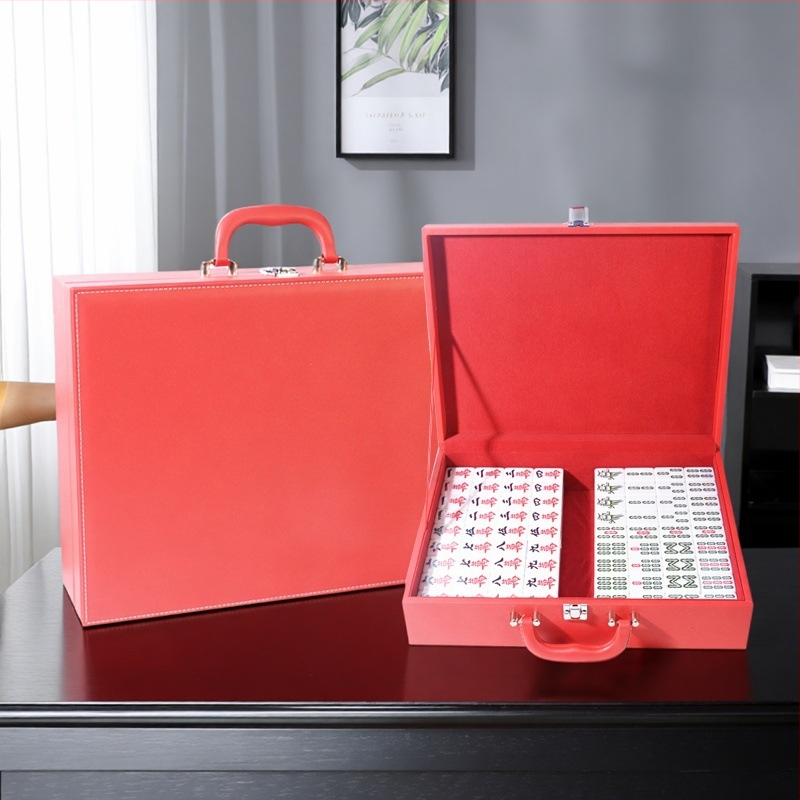 PU kožená krabička na mahjong a žetóny, s dreveným jadrom a flanelovou výstelkou – cestovné úložisko na stolné hry