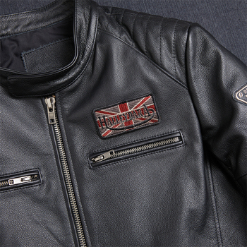 Ανδρικό δερμάτινο μπουφάν μοτοσικλέτας με σταθερό γιακά, φερμουάρ, κέντημα, κοντό μήκος, γνήσιο δέρμα προβάτου