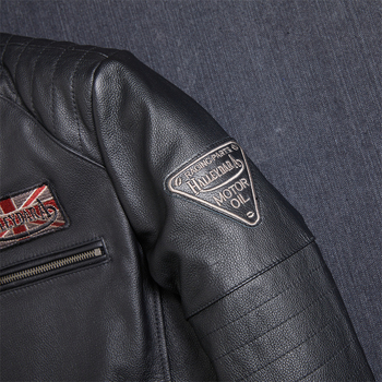 Ανδρικό δερμάτινο μπουφάν μοτοσικλέτας με σταθερό γιακά, φερμουάρ, κέντημα, κοντό μήκος, γνήσιο δέρμα προβάτου