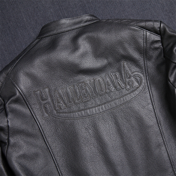 Ανδρικό δερμάτινο μπουφάν μοτοσικλέτας με σταθερό γιακά, φερμουάρ, κέντημα, κοντό μήκος, γνήσιο δέρμα προβάτου