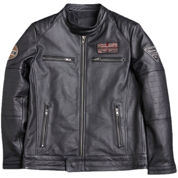 Ανδρικό δερμάτινο μπουφάν μοτοσικλέτας με σταθερό γιακά, φερμουάρ, κέντημα, κοντό μήκος, γνήσιο δέρμα προβάτου