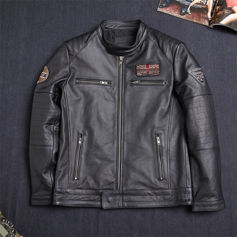 Ανδρικό δερμάτινο μπουφάν μοτοσικλέτας με σταθερό γιακά, φερμουάρ, κέντημα, κοντό μήκος, γνήσιο δέρμα προβάτου