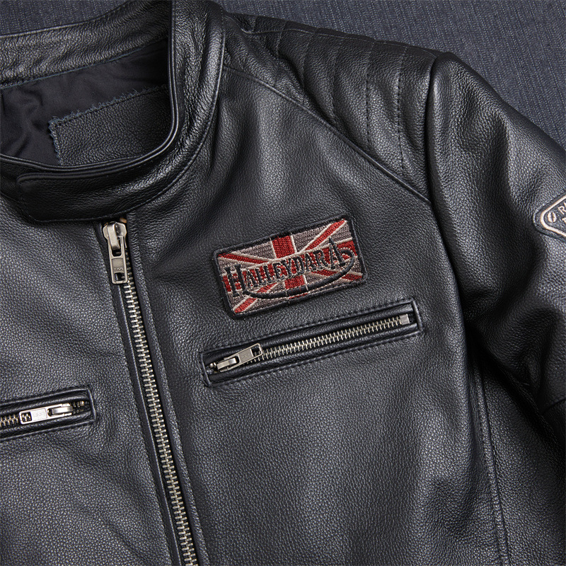 Ανδρικό δερμάτινο μπουφάν μοτοσικλέτας με σταθερό γιακά, φερμουάρ, κέντημα, κοντό μήκος, γνήσιο δέρμα προβάτου