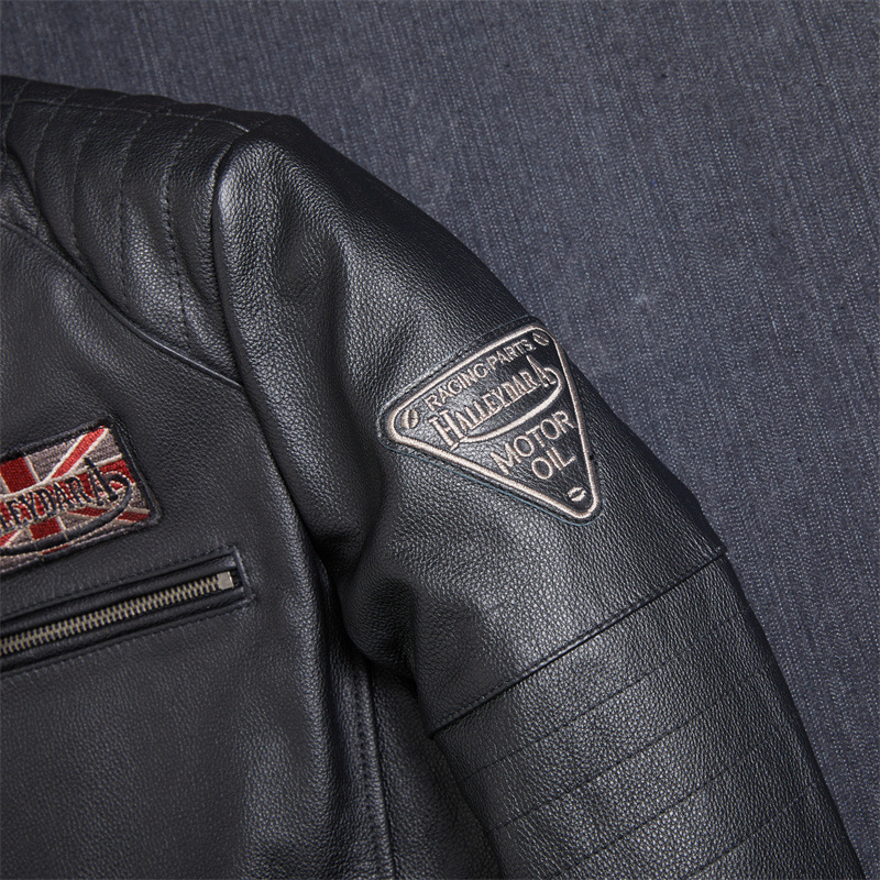 Ανδρικό δερμάτινο μπουφάν μοτοσικλέτας με σταθερό γιακά, φερμουάρ, κέντημα, κοντό μήκος, γνήσιο δέρμα προβάτου
