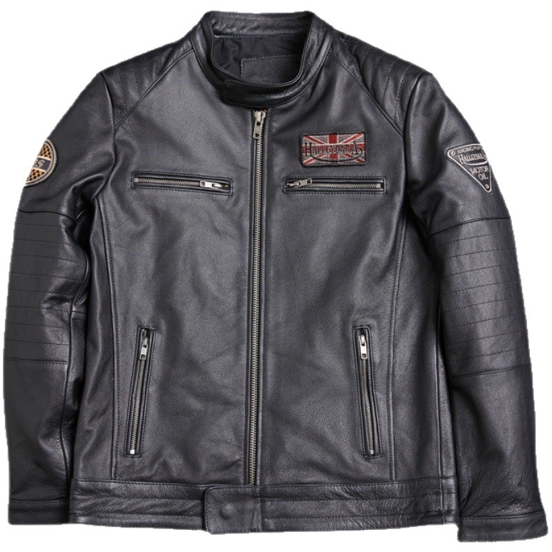 Ανδρικό δερμάτινο μπουφάν μοτοσικλέτας με σταθερό γιακά, φερμουάρ, κέντημα, κοντό μήκος, γνήσιο δέρμα προβάτου