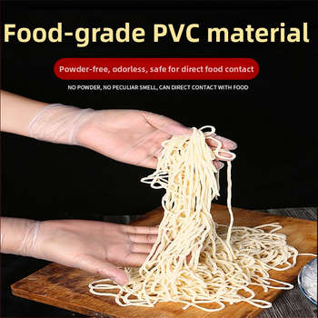 Jednorázové PVC rukavice, potravinárske kvality, priezračné, hrúbka 0,05–0,1 mm, odolné voči prachu.