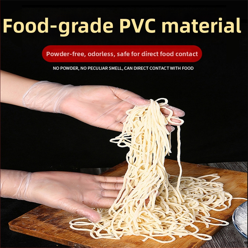 Jednorázové PVC rukavice, potravinárske kvality, priezračné, hrúbka 0,05–0,1 mm, odolné voči prachu.