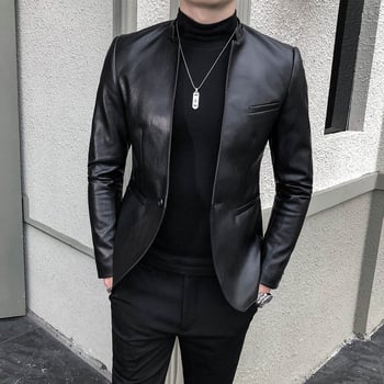 Muška PU kožna jakna - korejski stil, stojeći ovratnik, zip, uski kroj, za proljeće i jesen
