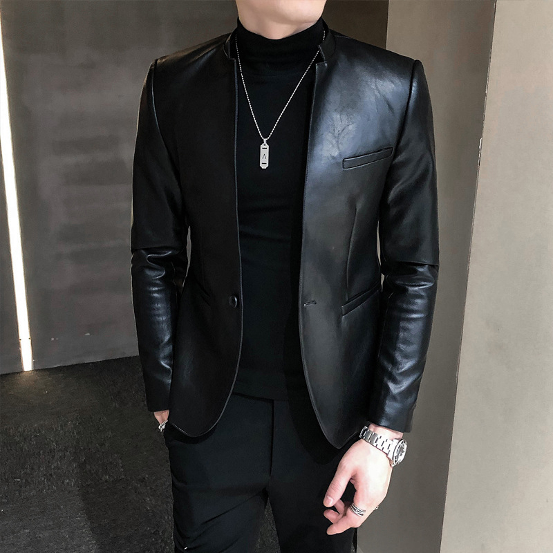 Muška PU kožna jakna - korejski stil, stojeći ovratnik, zip, uski kroj, za proljeće i jesen