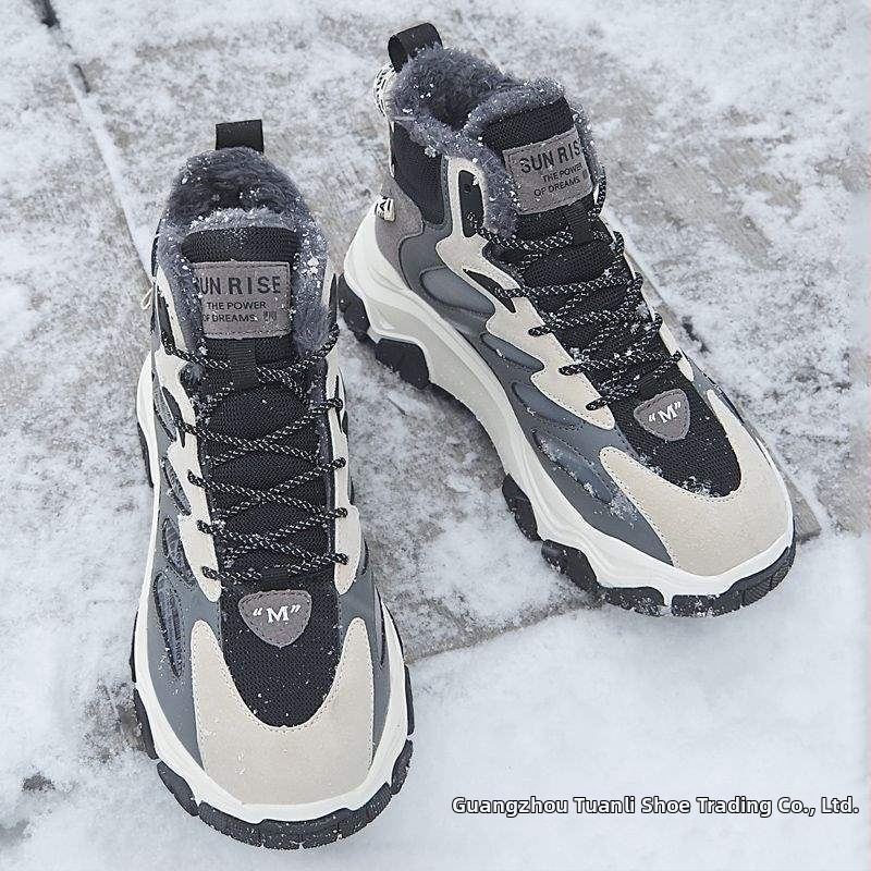 Снежни ботуши за мъже, горна част от микрофибърна кожа, гумена подметка, дебело ходило, корейска версия, зимна готовност, едноцветни