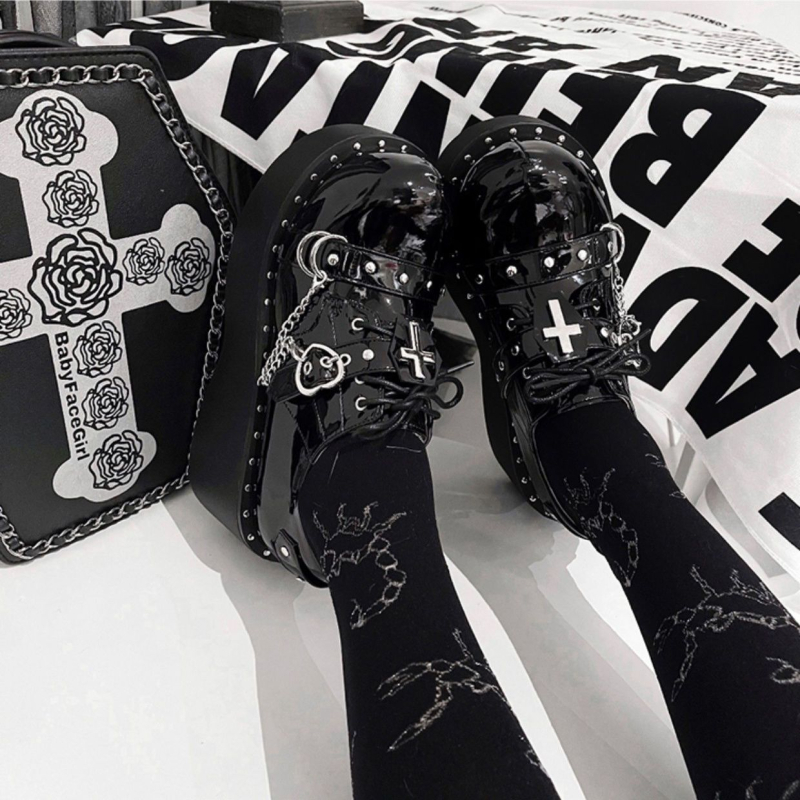 Pantofi Mary Jane pentru femei cu platformă, talpă groasă, vârf rotund, toc 3–5 cm, japonez, Y2K goth-punk