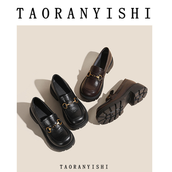 Loafers damă, talpă groasă, stil britanic, vamp Microfibra, vârf rotund, 6–8 cm toc, căptușeală din blană de iepure, ridicare internă a înălțimii