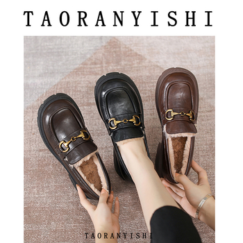 Loafers damă, talpă groasă, stil britanic, vamp Microfibra, vârf rotund, 6–8 cm toc, căptușeală din blană de iepure, ridicare internă a înălțimii