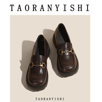 Loafers damă, talpă groasă, stil britanic, vamp Microfibra, vârf rotund, 6–8 cm toc, căptușeală din blană de iepure, ridicare internă a înălțimii