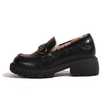 Loafers damă, talpă groasă, stil britanic, vamp Microfibra, vârf rotund, 6–8 cm toc, căptușeală din blană de iepure, ridicare internă a înălțimii
