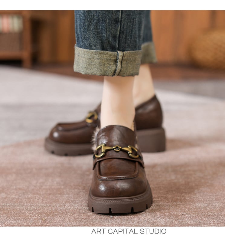 Loafers damă, talpă groasă, stil britanic, vamp Microfibra, vârf rotund, 6–8 cm toc, căptușeală din blană de iepure, ridicare internă a înălțimii