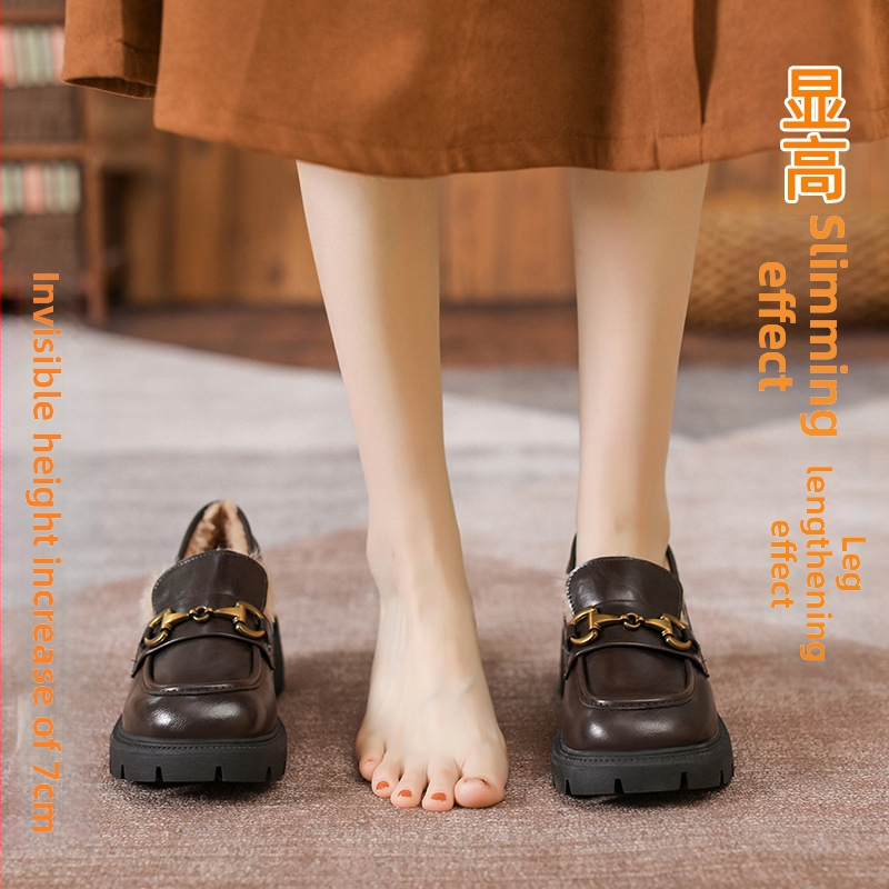 Loafers damă, talpă groasă, stil britanic, vamp Microfibra, vârf rotund, 6–8 cm toc, căptușeală din blană de iepure, ridicare internă a înălțimii