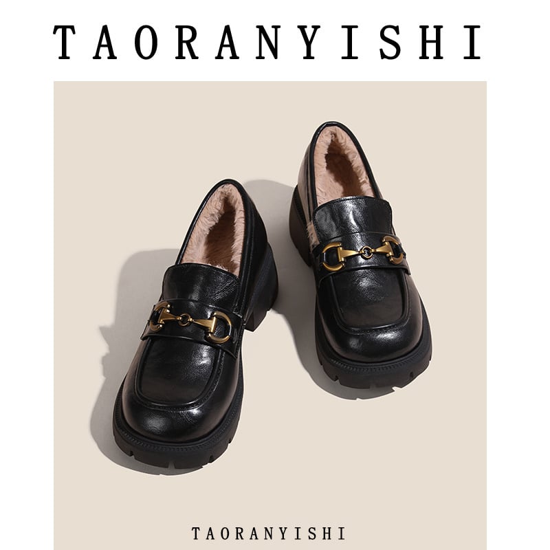 Loafers damă, talpă groasă, stil britanic, vamp Microfibra, vârf rotund, 6–8 cm toc, căptușeală din blană de iepure, ridicare internă a înălțimii