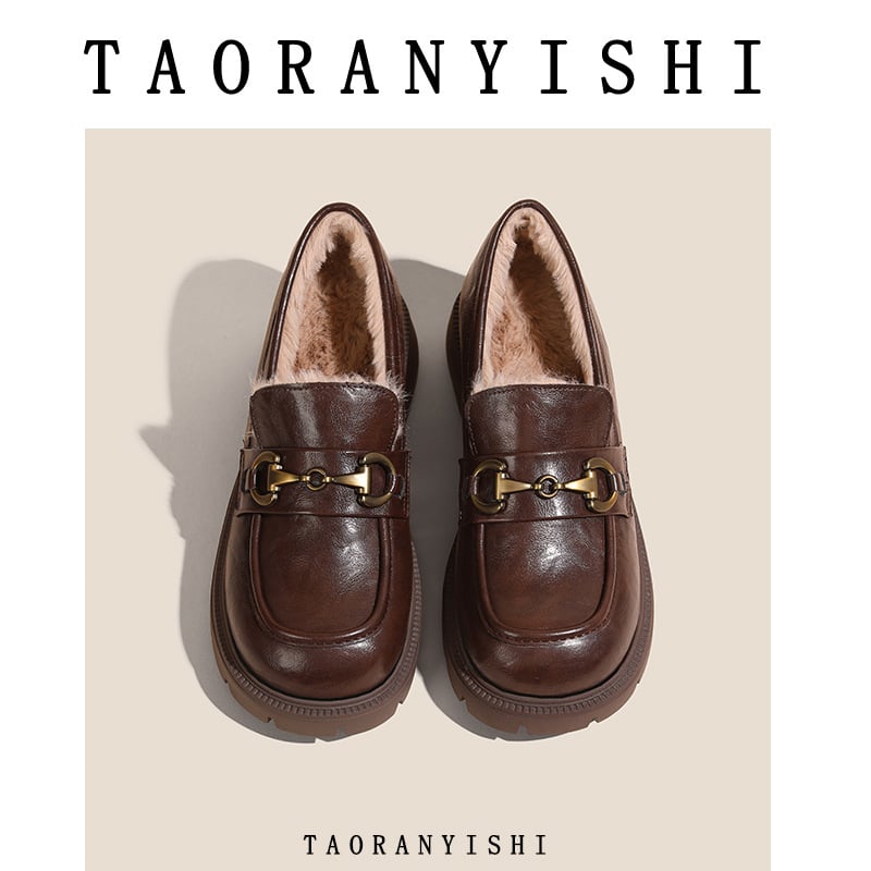 Loafers damă, talpă groasă, stil britanic, vamp Microfibra, vârf rotund, 6–8 cm toc, căptușeală din blană de iepure, ridicare internă a înălțimii