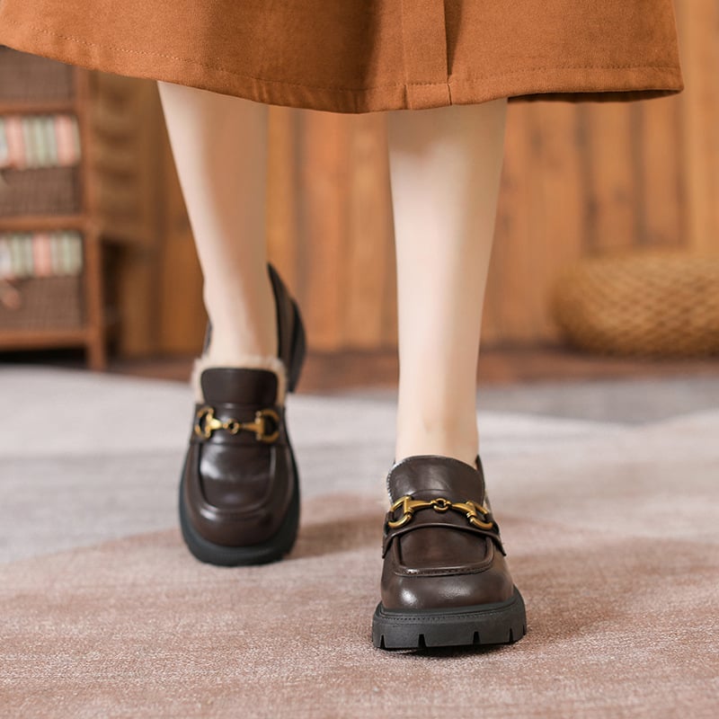 Loafers damă, talpă groasă, stil britanic, vamp Microfibra, vârf rotund, 6–8 cm toc, căptușeală din blană de iepure, ridicare internă a înălțimii