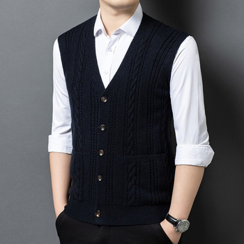 Férfi V-nyakú kötött kardigán mellény, gallér nélküli, karcsú szabás, közepes vastagság, gyapjú keverék 36–40%, 2025 ősz