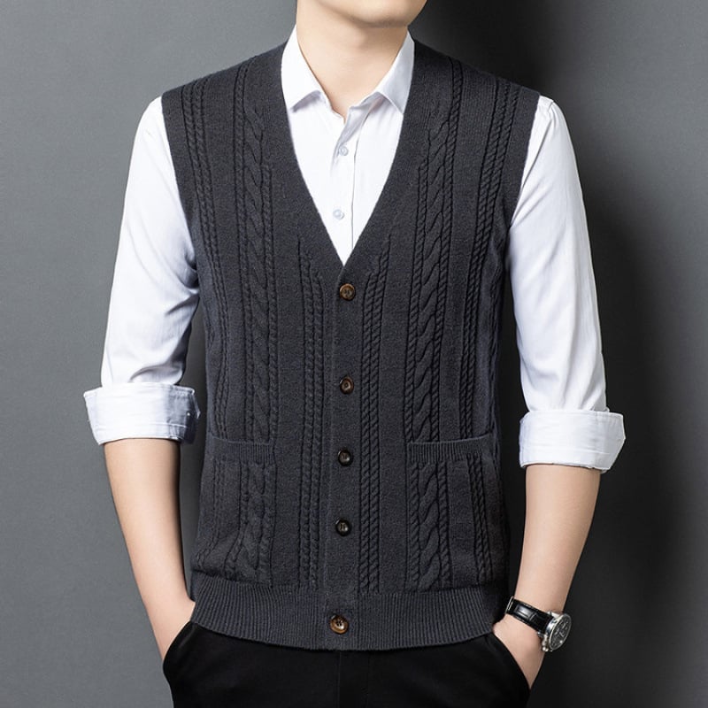 Férfi V-nyakú kötött kardigán mellény, gallér nélküli, karcsú szabás, közepes vastagság, gyapjú keverék 36–40%, 2025 ősz