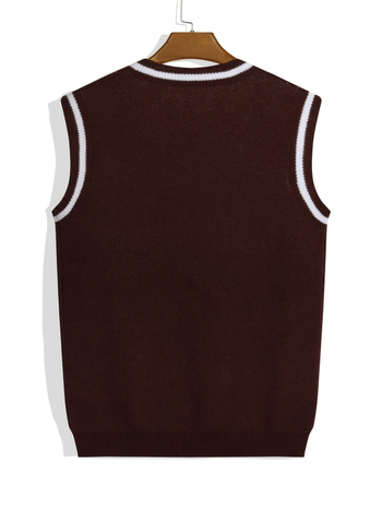 V-nyakú kötött mellény ujjatlan, Brooklyn Jacquard felirattal és fehér szegéllyel, 100% poliészter