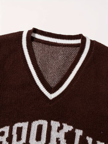 V-nyakú kötött mellény ujjatlan, Brooklyn Jacquard felirattal és fehér szegéllyel, 100% poliészter