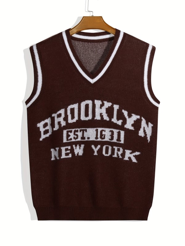 V-nyakú kötött mellény ujjatlan, Brooklyn Jacquard felirattal és fehér szegéllyel, 100% poliészter