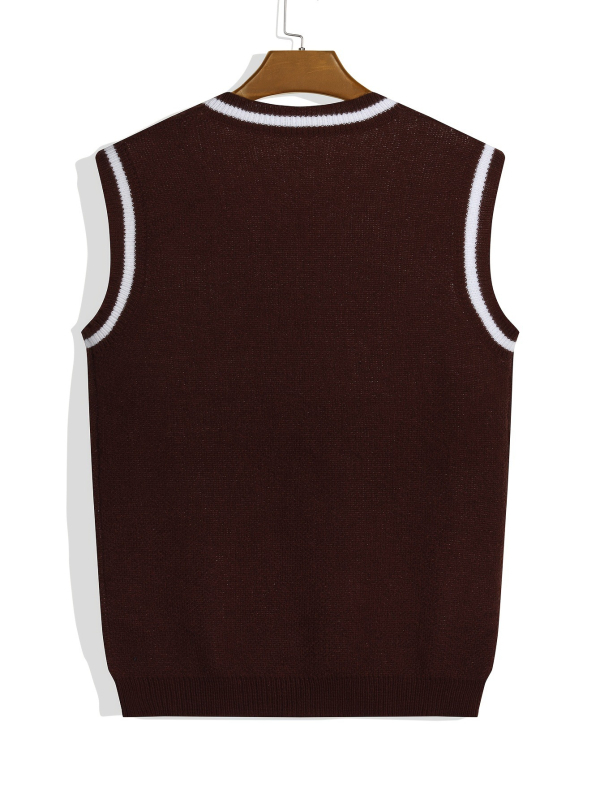 V-nyakú kötött mellény ujjatlan, Brooklyn Jacquard felirattal és fehér szegéllyel, 100% poliészter